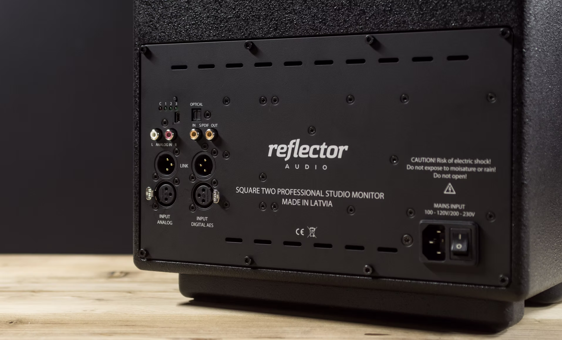 Rear panel of the Square Two showing analogue, AES and S/PDIF connectors